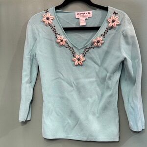 Joseph A. Turquoise Blue Blouse with Shell Floral Details